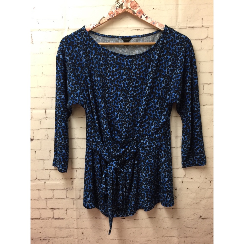 ANN Taylor Blue Black Tie Front 3/4 Sleeve Blouse